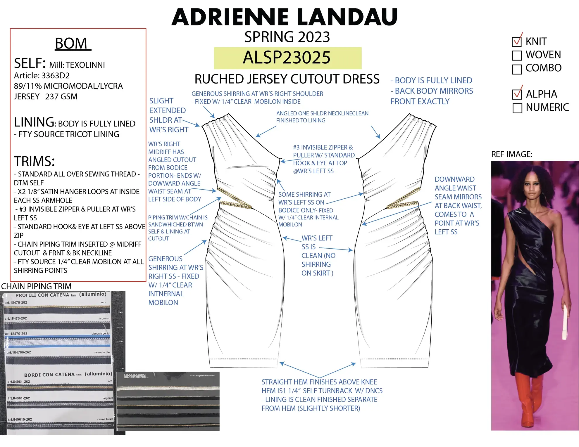 Adrienne Landau Spring 2023 Ruched Jersey Cutout Dress technical sheet