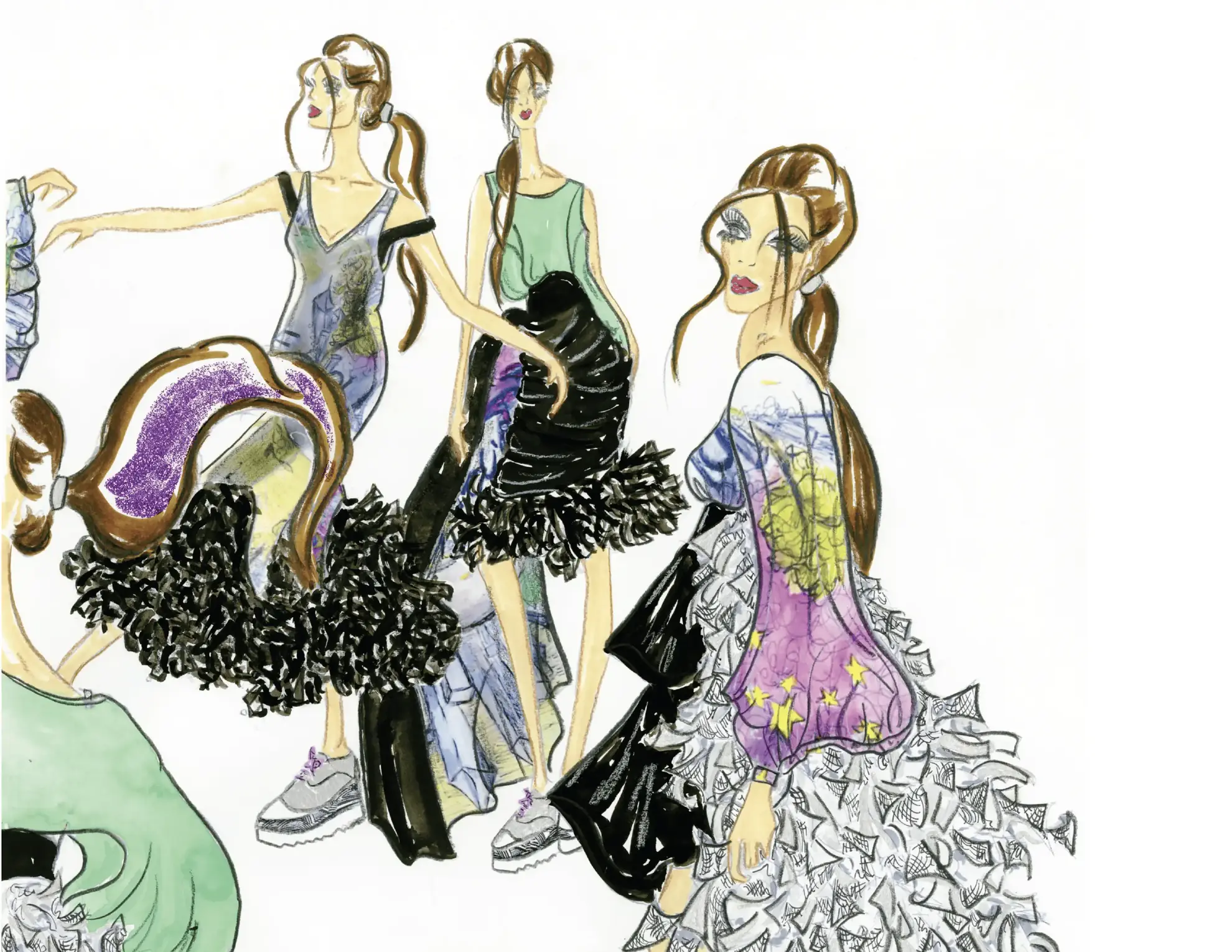 Close-up illustrations of Marist College Senior Thesis collection highlighting ruffle details and textural elements