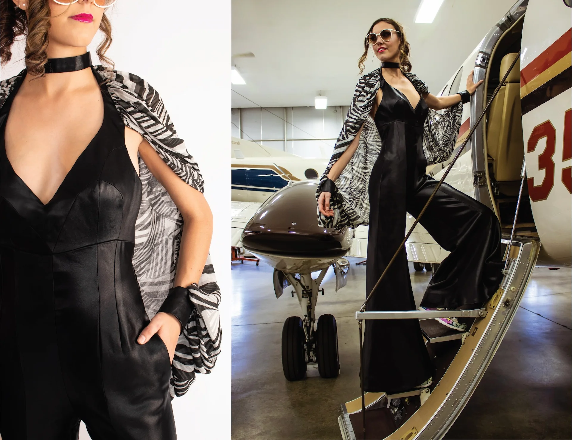 Professional photography of realized black jumpsuit design with zebra print sleeves in aviation setting