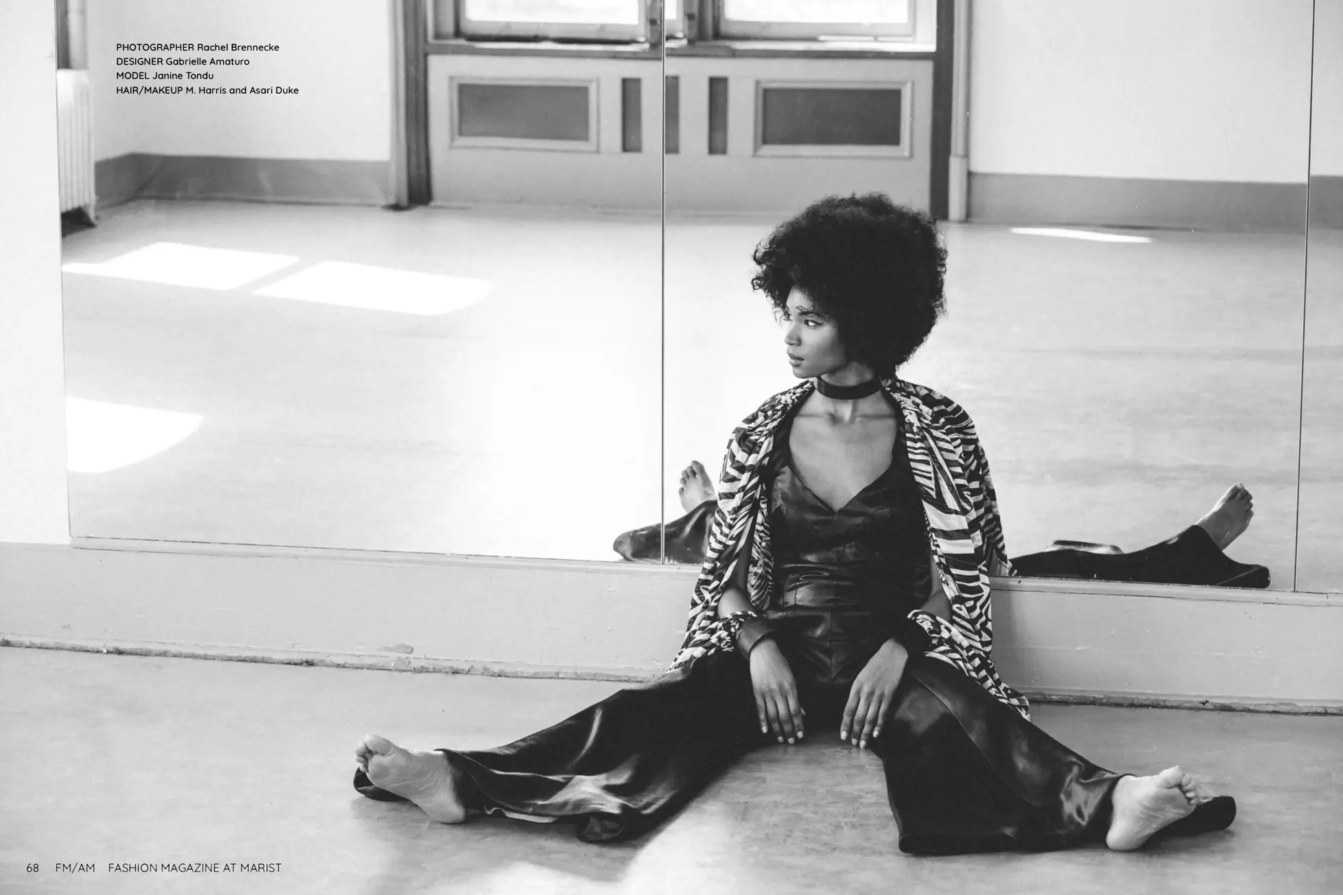 Editorial black and white photo from Fashion Magazine at Marist featuring the zebra-print and black satin jumpsuit in an intimate window-lit setting