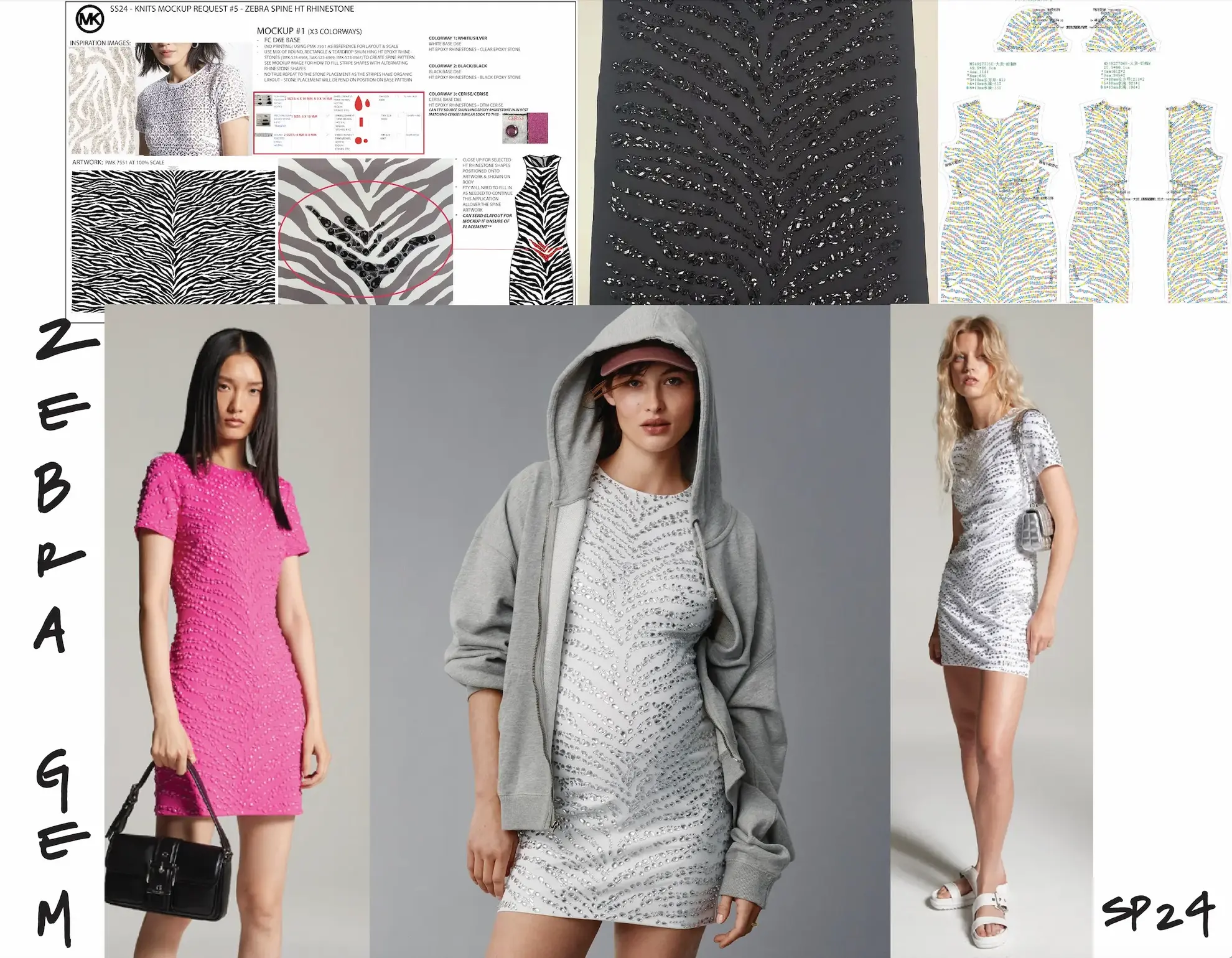 Michael Kors Zebra Shine HT Rhinestone dress development showing pattern design, technical specifications, and final product in pink, white, and silver colorways