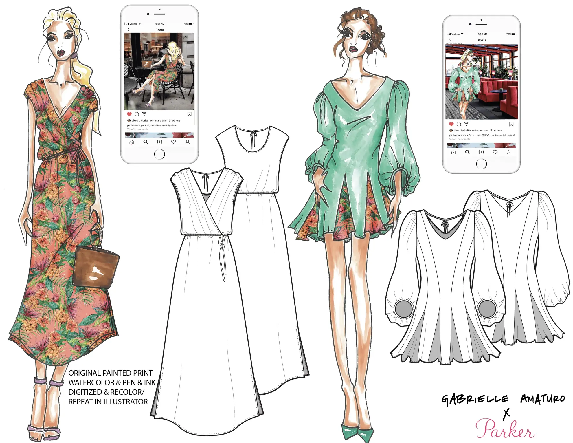 Parker NY dress designs with technical sketches