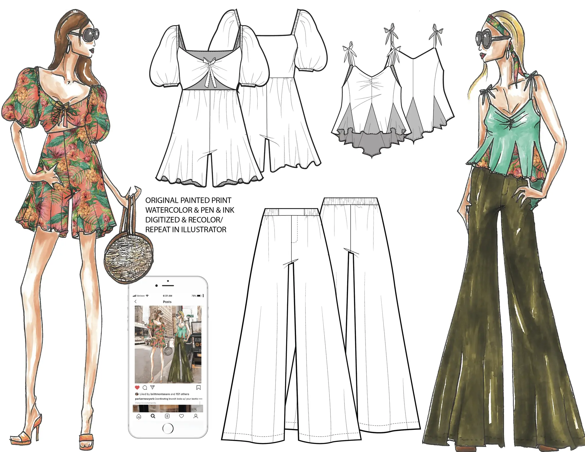 Parker NY summer collection designs with technical sketches