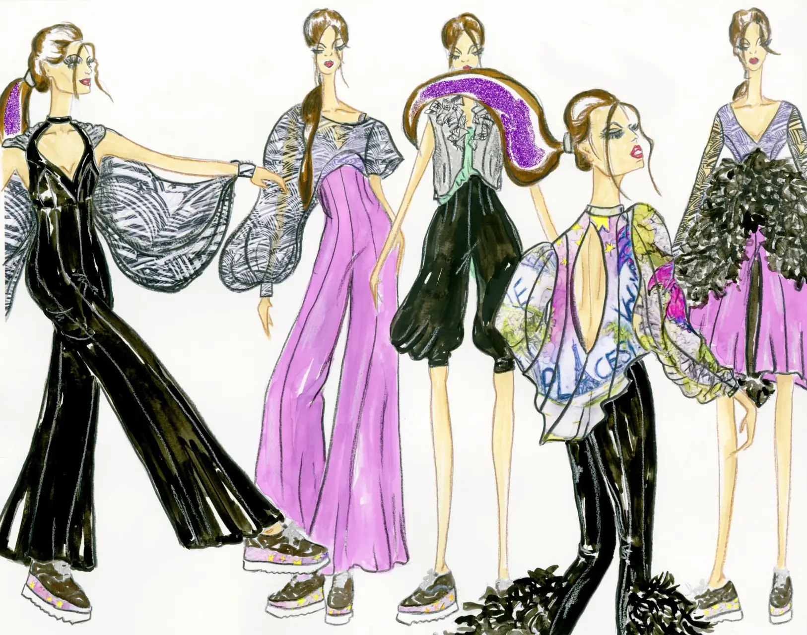 Marist College Senior Thesis collection featuring coordinated designs in black and purple with platform sneakers