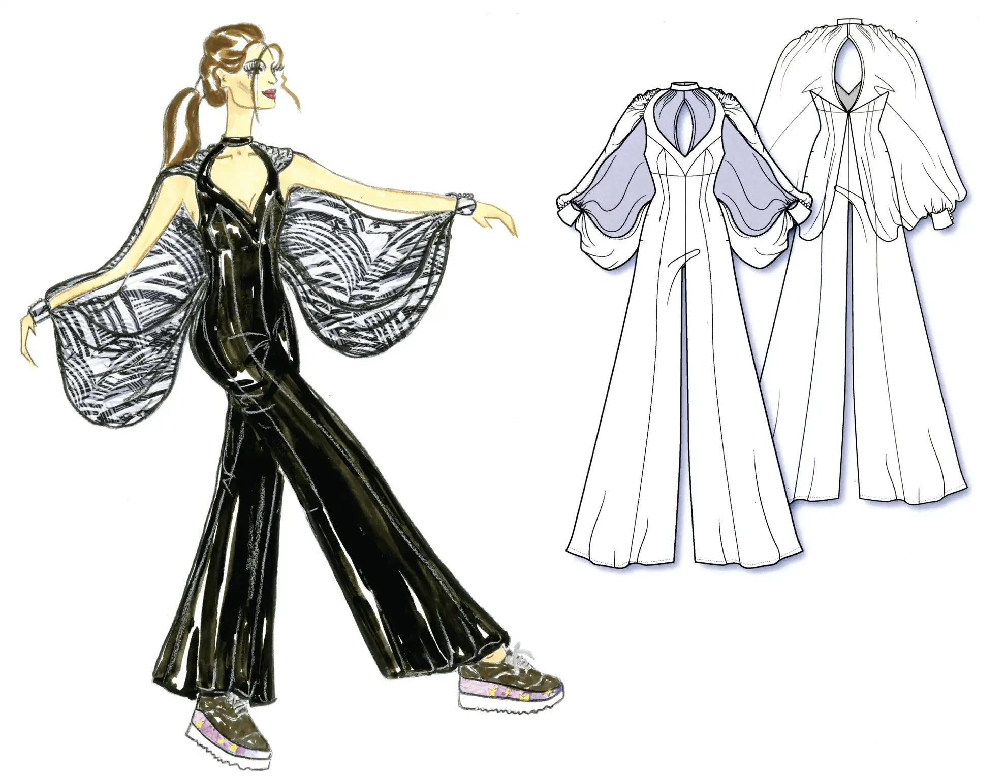 Fashion illustration and technical flats from Marist College Senior Thesis collection featuring jumpsuit and dress designs