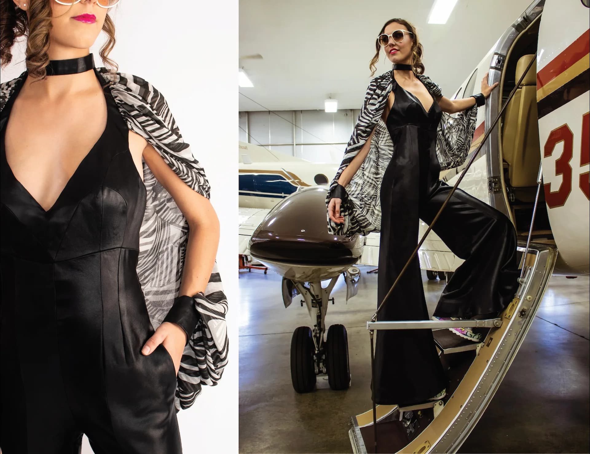 Professional photography of realized black jumpsuit design with zebra print sleeves in aviation setting