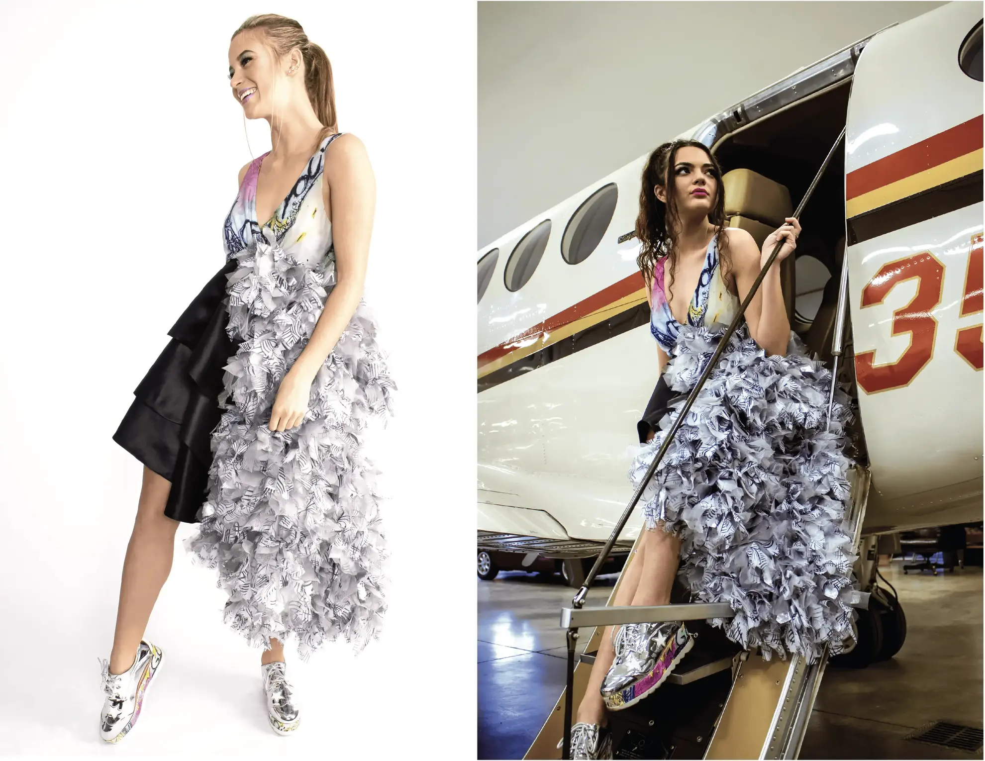 Marist College Senior Thesis collection featuring a dress with colorful bodice and grey ruffled skirt, shown in studio and aviation settings