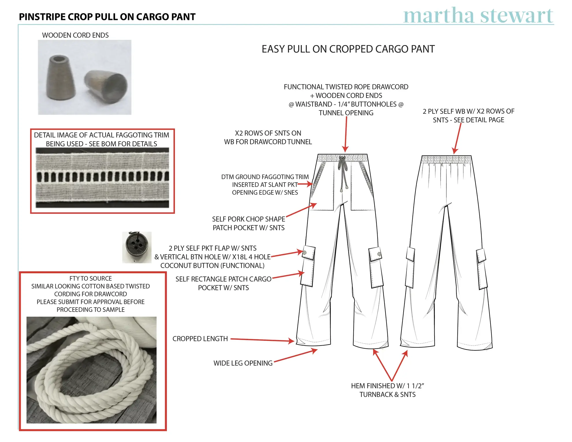 Martha Stewart Pinstripe Crop Pull On Cargo Pant technical design