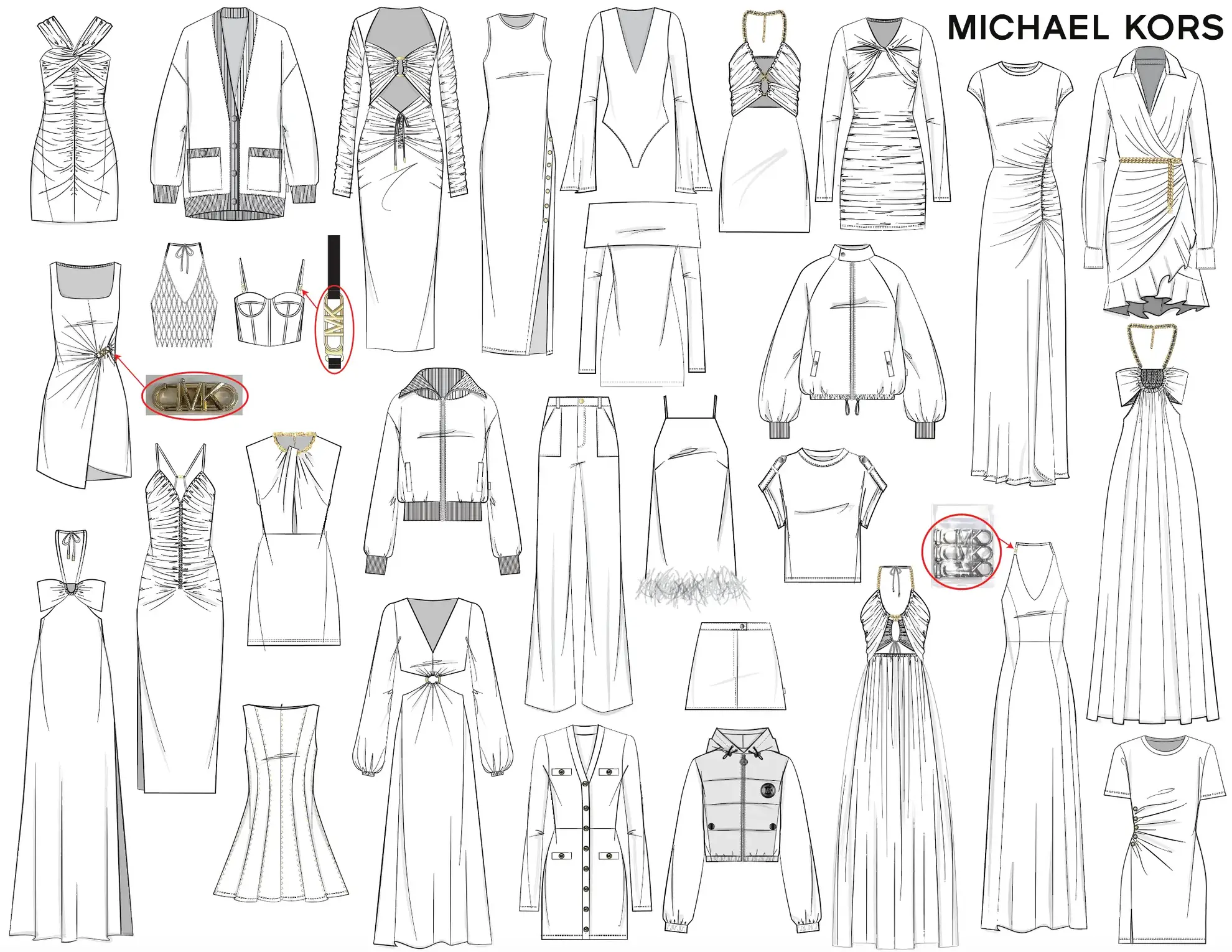 Michael Kors technical fashion sketches collection showcasing innovative women's ready-to-wear designs with detailed specifications and measurements