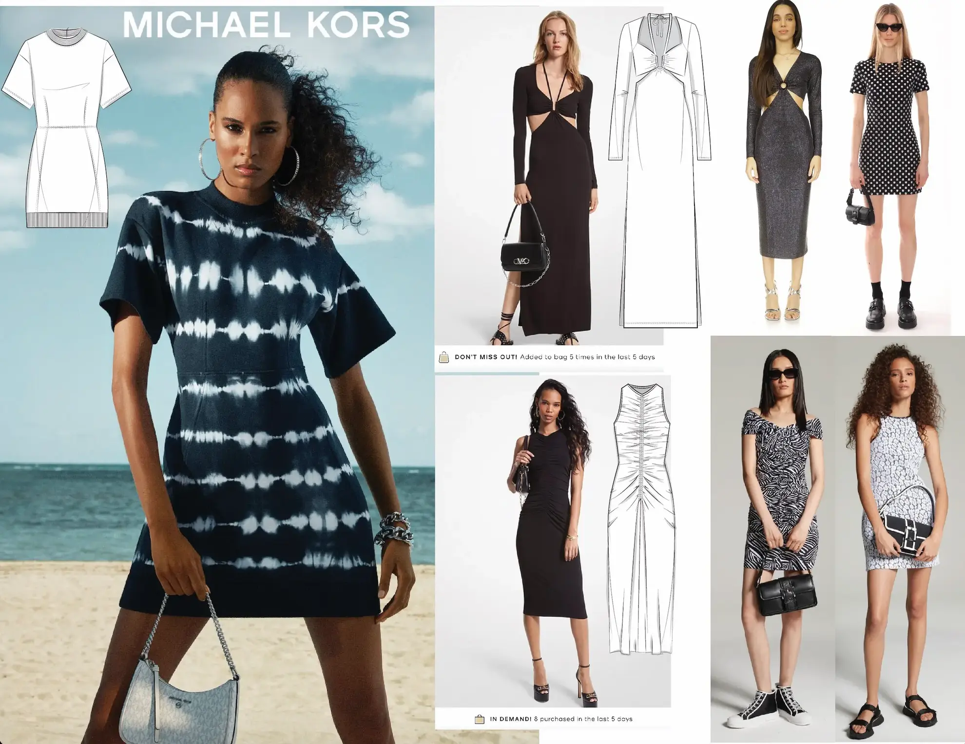 Michael Kors dress collection featuring tie-dye, cutout, and patterned dresses with technical sketches