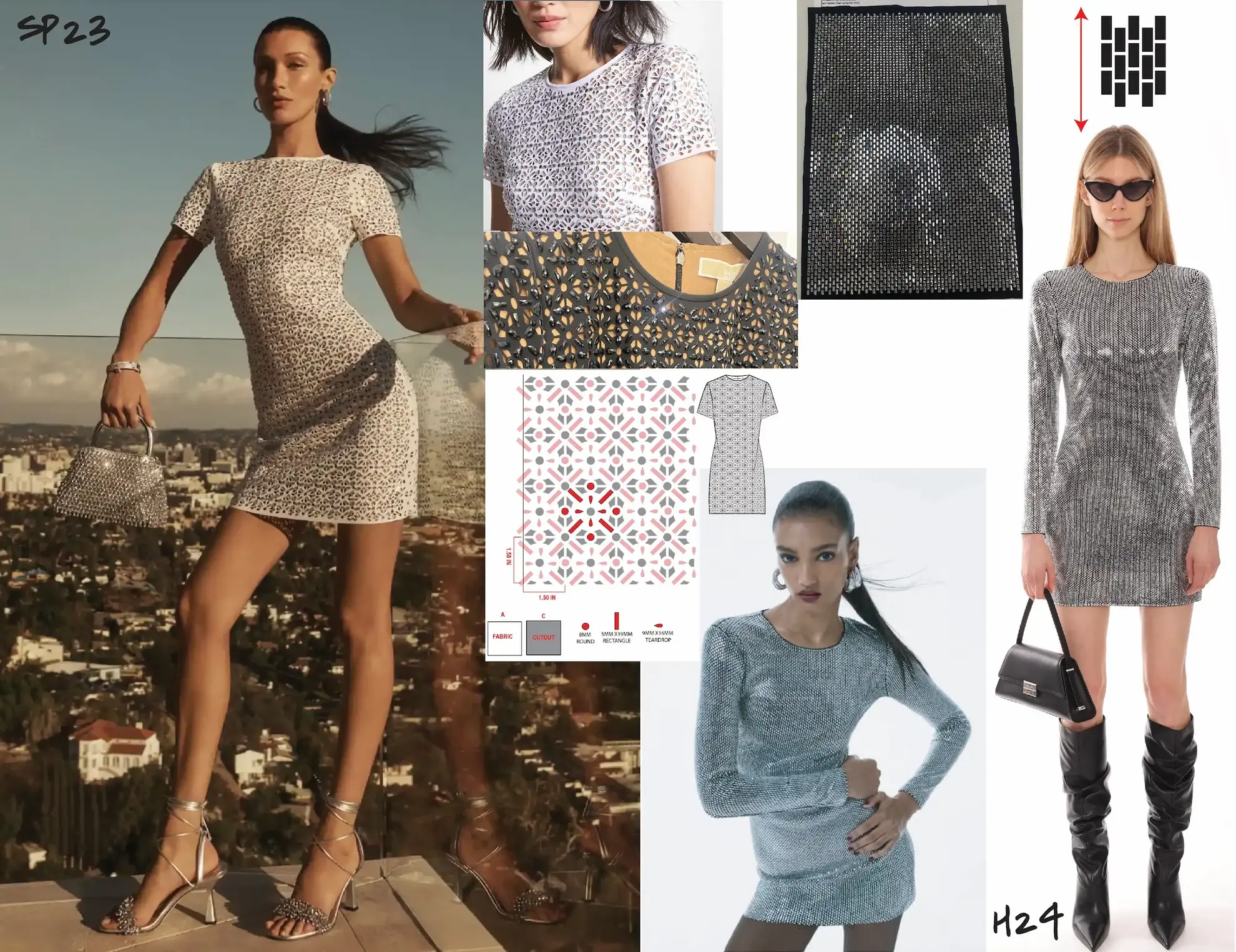 Michael Kors geometric pattern dress development showing pattern design, technical sketches, and final products in various colorways