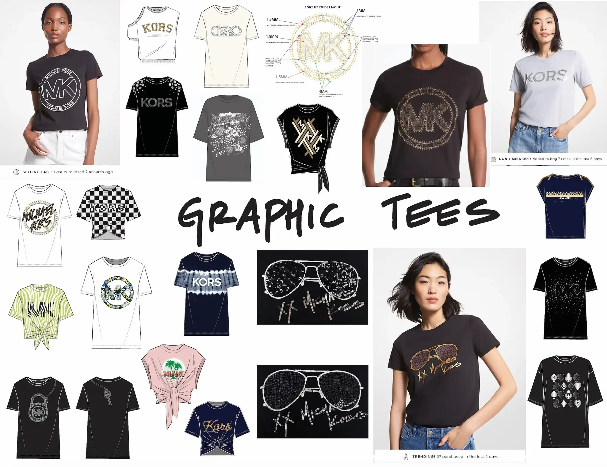 Michael Kors graphic t-shirt collection featuring logo designs, technical sketches, and product photography with various treatments including rhinestones, tie-dye, and prints - generating over $1.8M in sales over 3 years
