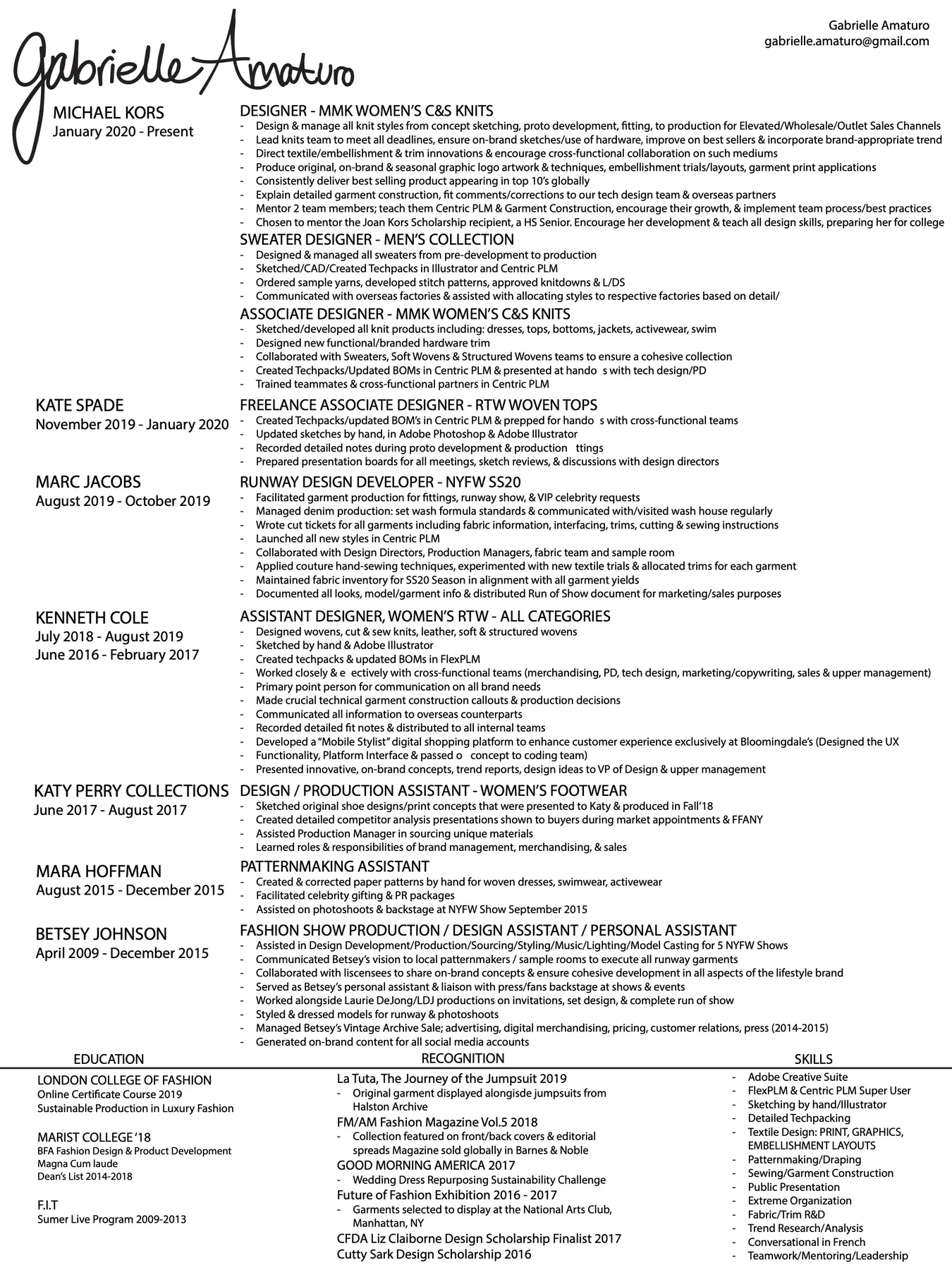 Gabrielle Amaturo's professional resume detailing experience in fashion design